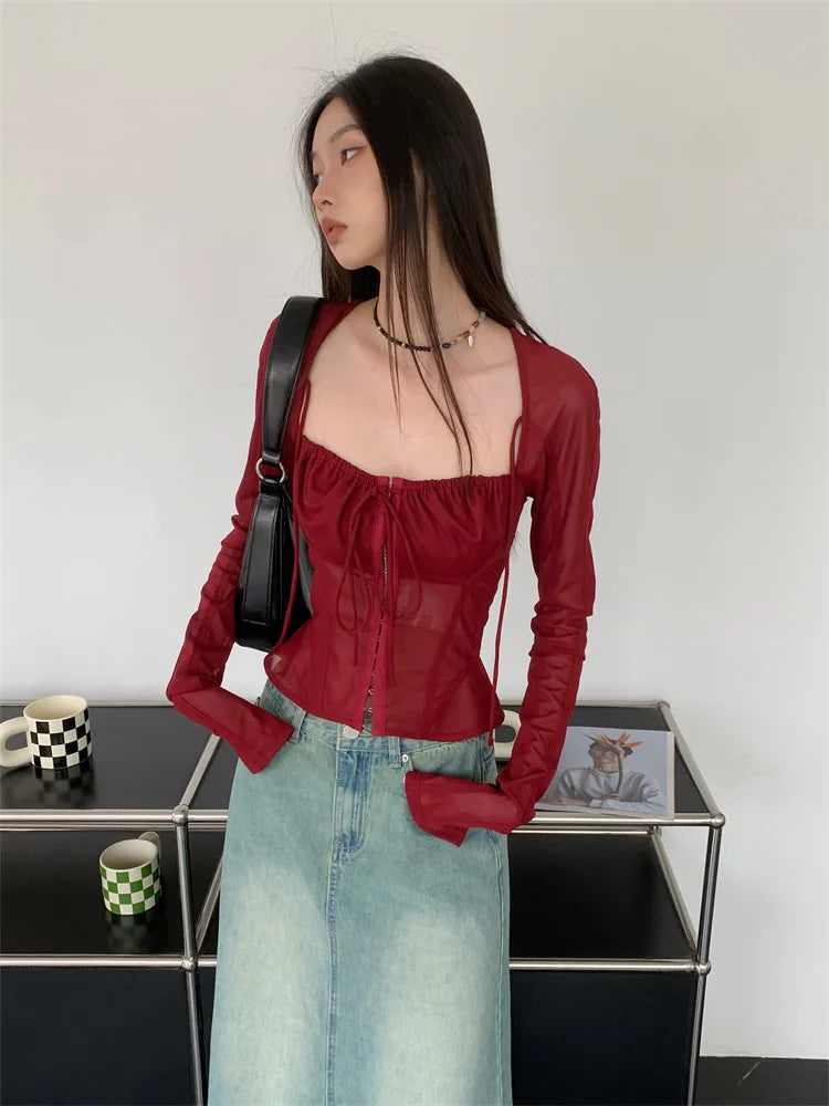 Burgundy Long Sleeve Lace Up Square Collar Top