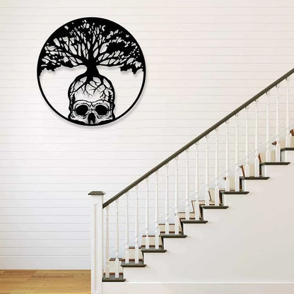 Skull with Abstract Tree Metal Wall Sculpture