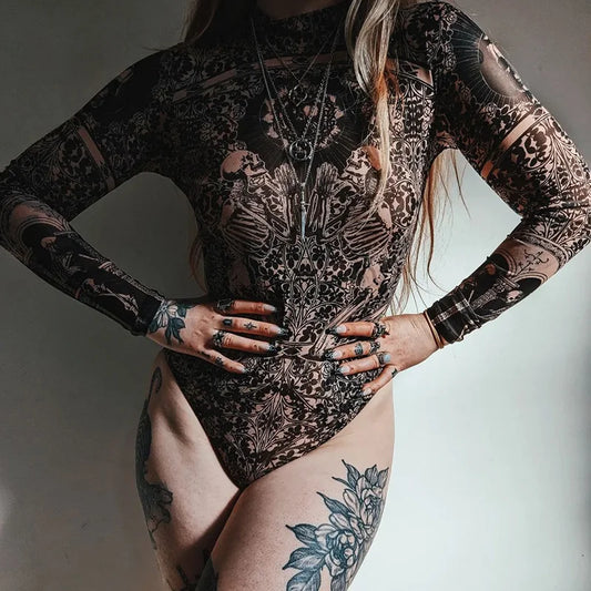 Nude See Through Print Bodysuit