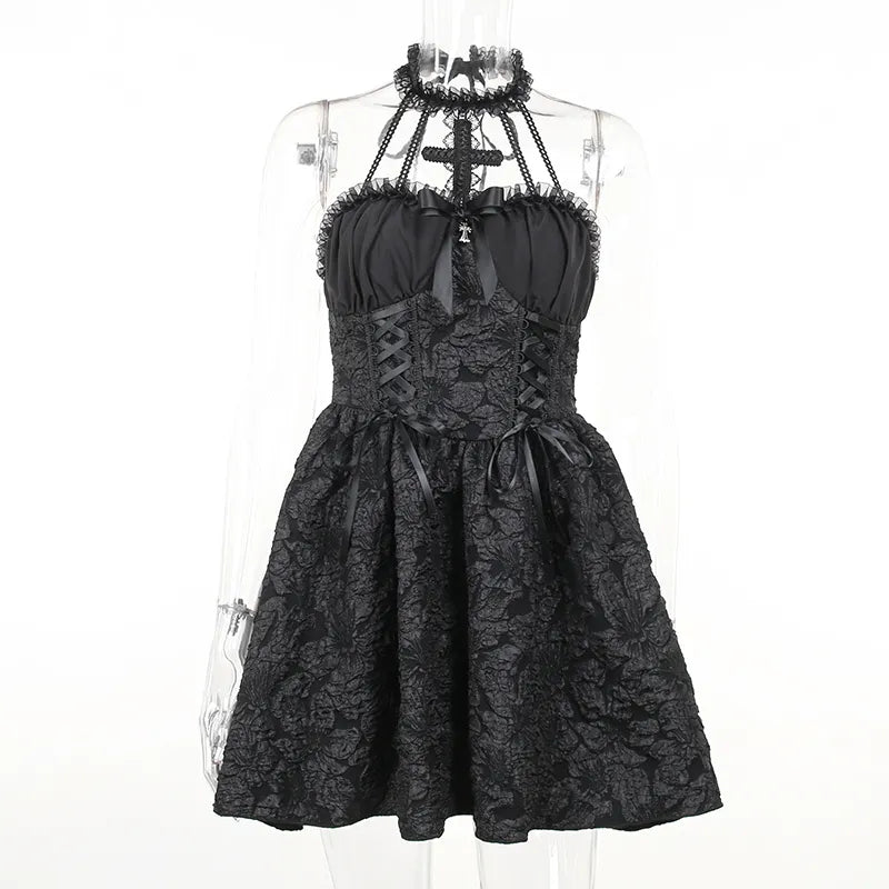 Black Jacquard A-line Dress