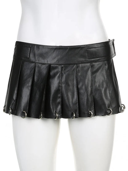 Black Metal Ring Buckle Pleated Leather Skirt