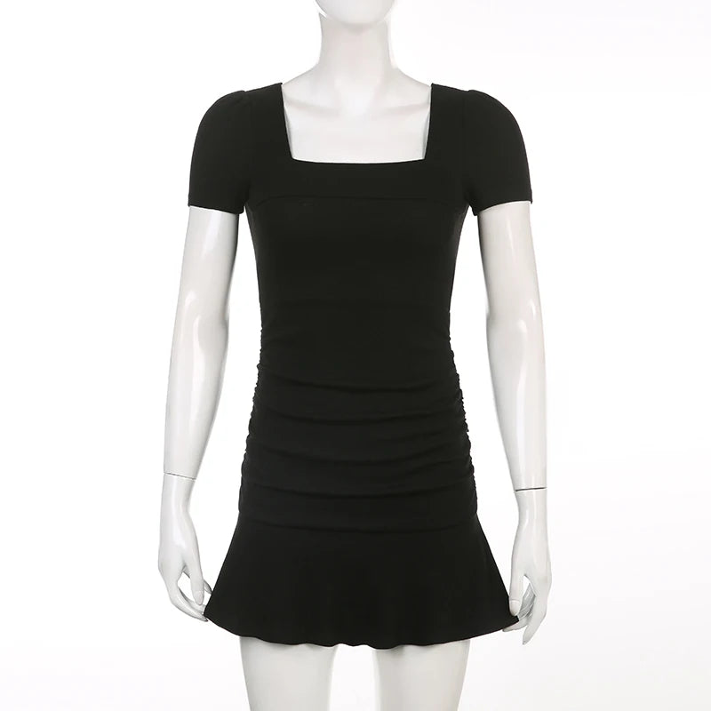 Black Square Collar Short Sleeve Dress