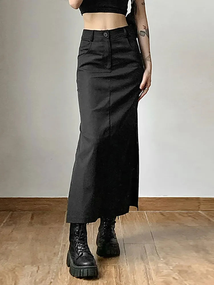 Black High Raise Slim Long Skirt