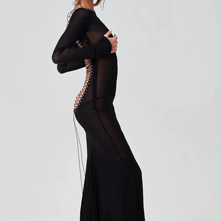 Sheer Mesh Maxi Dresses With Laced Back