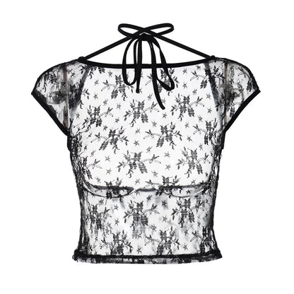 Black Lace Backless Halter Crop Top