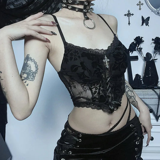 Black Gothic Lace Velvet Tank Top