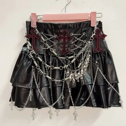 Faux Leather Cross Short Skirt with Chains