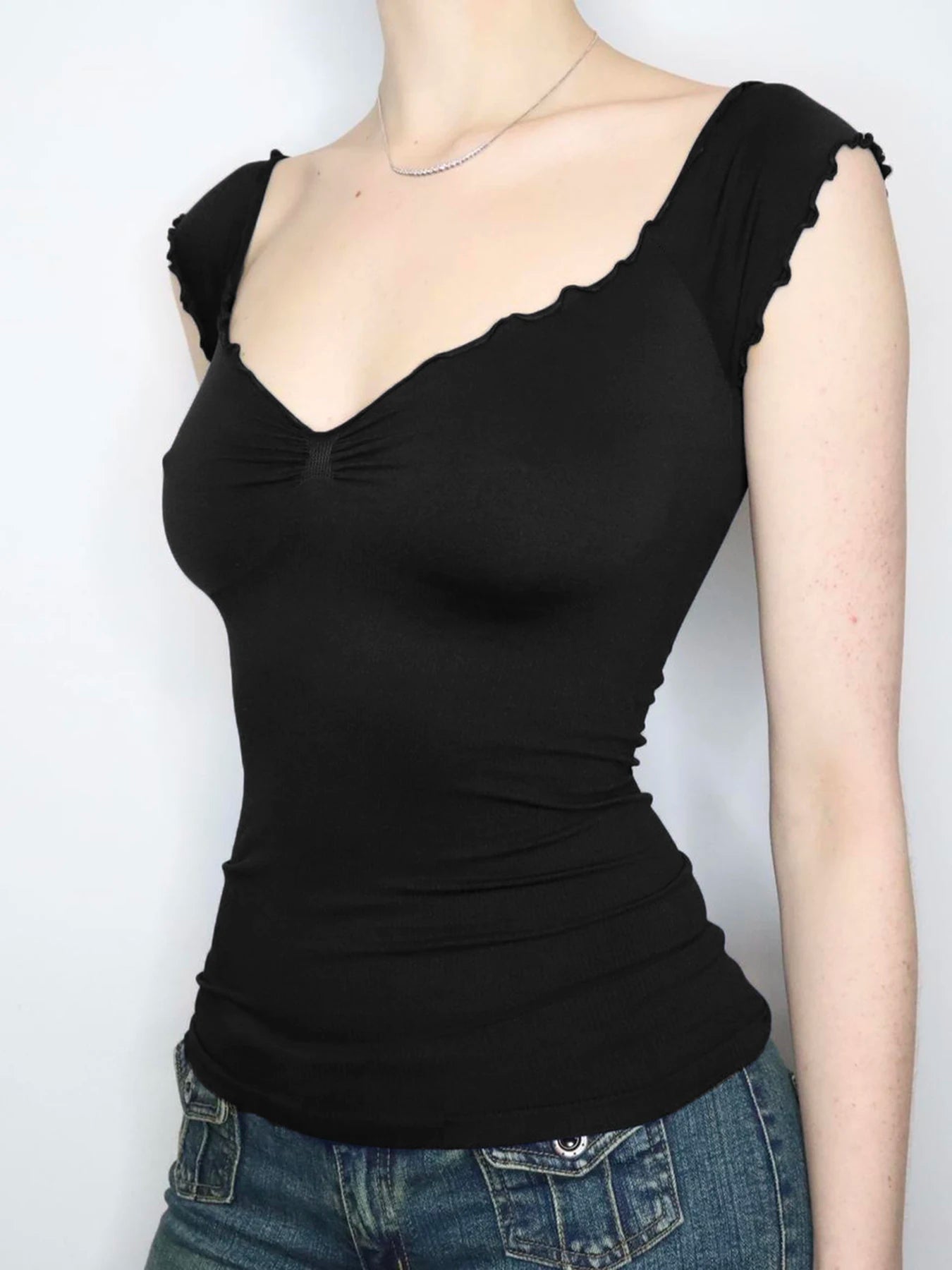 Black Basic Deep V-Neck T-shirt