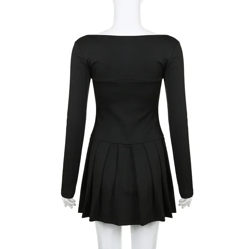 Black Square Collar Bow A-line Mini Dress