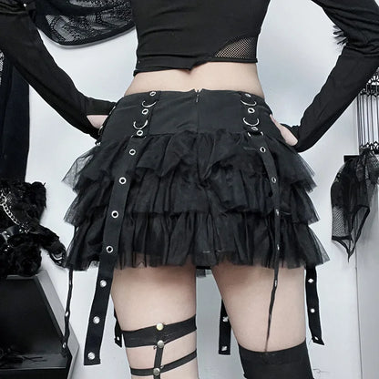 Black Mesh Eyelet Ribbon Mini Skirt