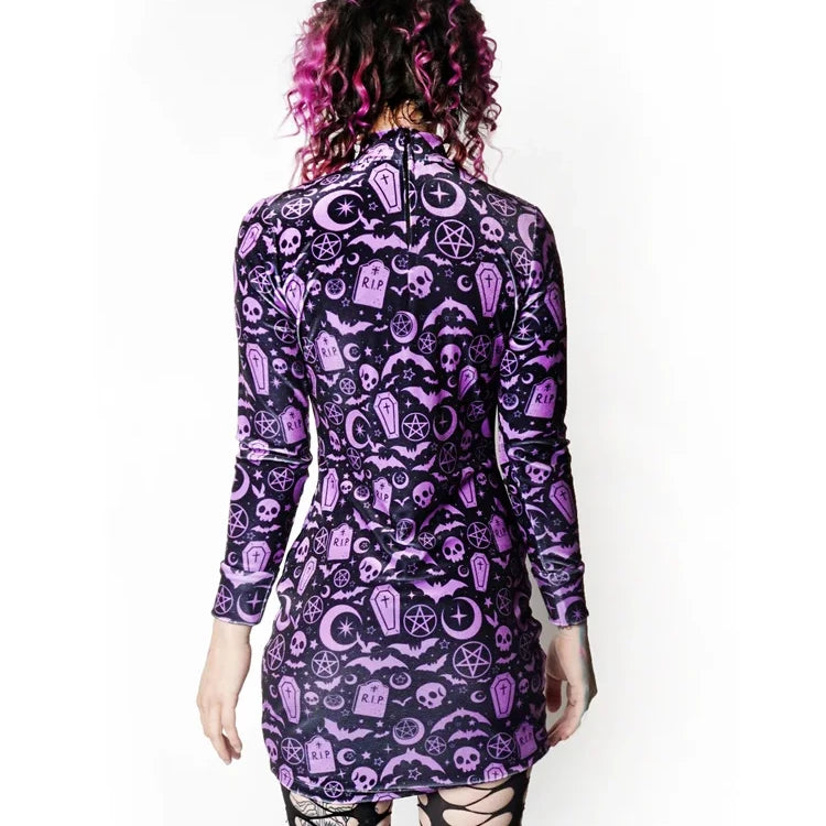 Long Sleeved Bat Skull Print Dress