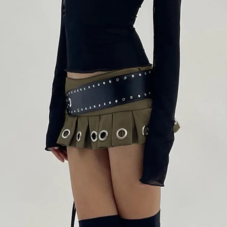 Low Rise Mini Pleated Skirt With PU Belt