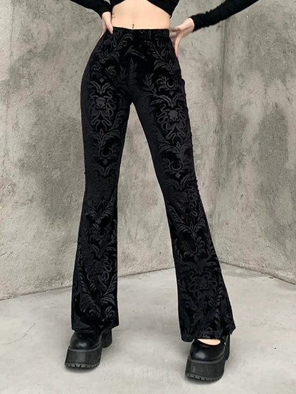 High Waist Flair Black Pants With Print