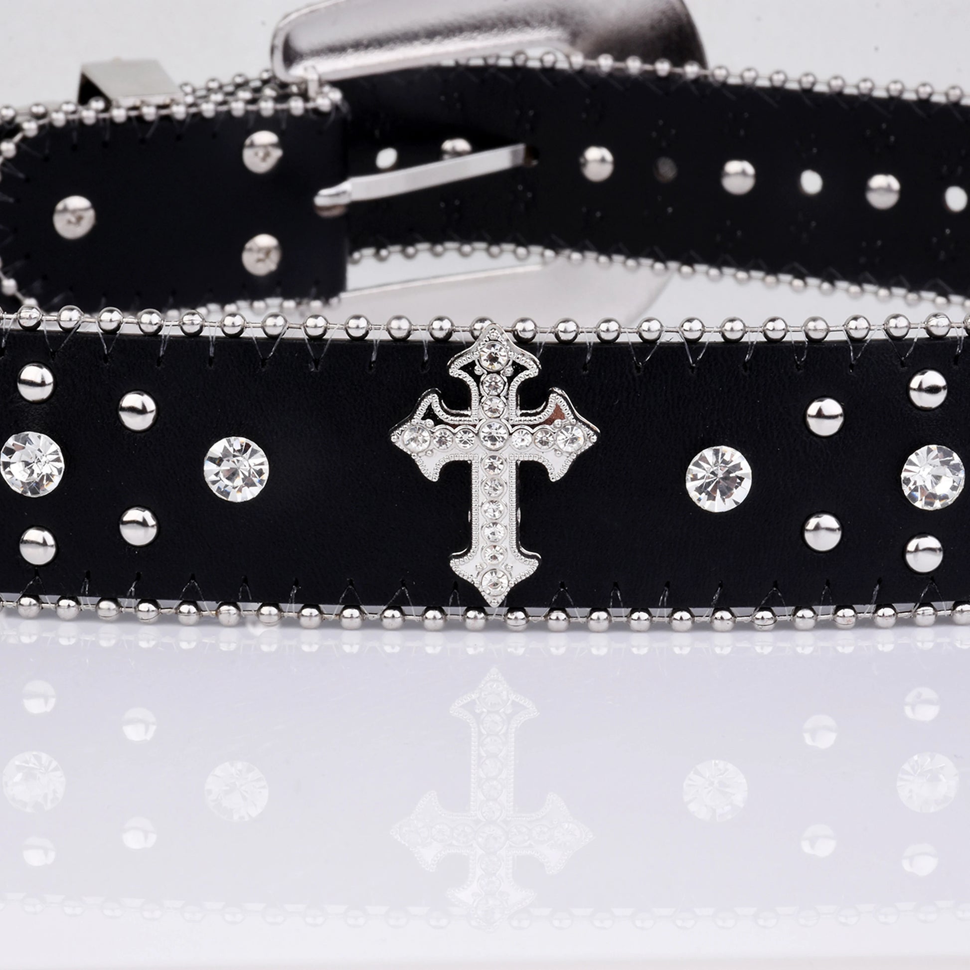 Black Rhinestone Buckle Cross Engraved Belt