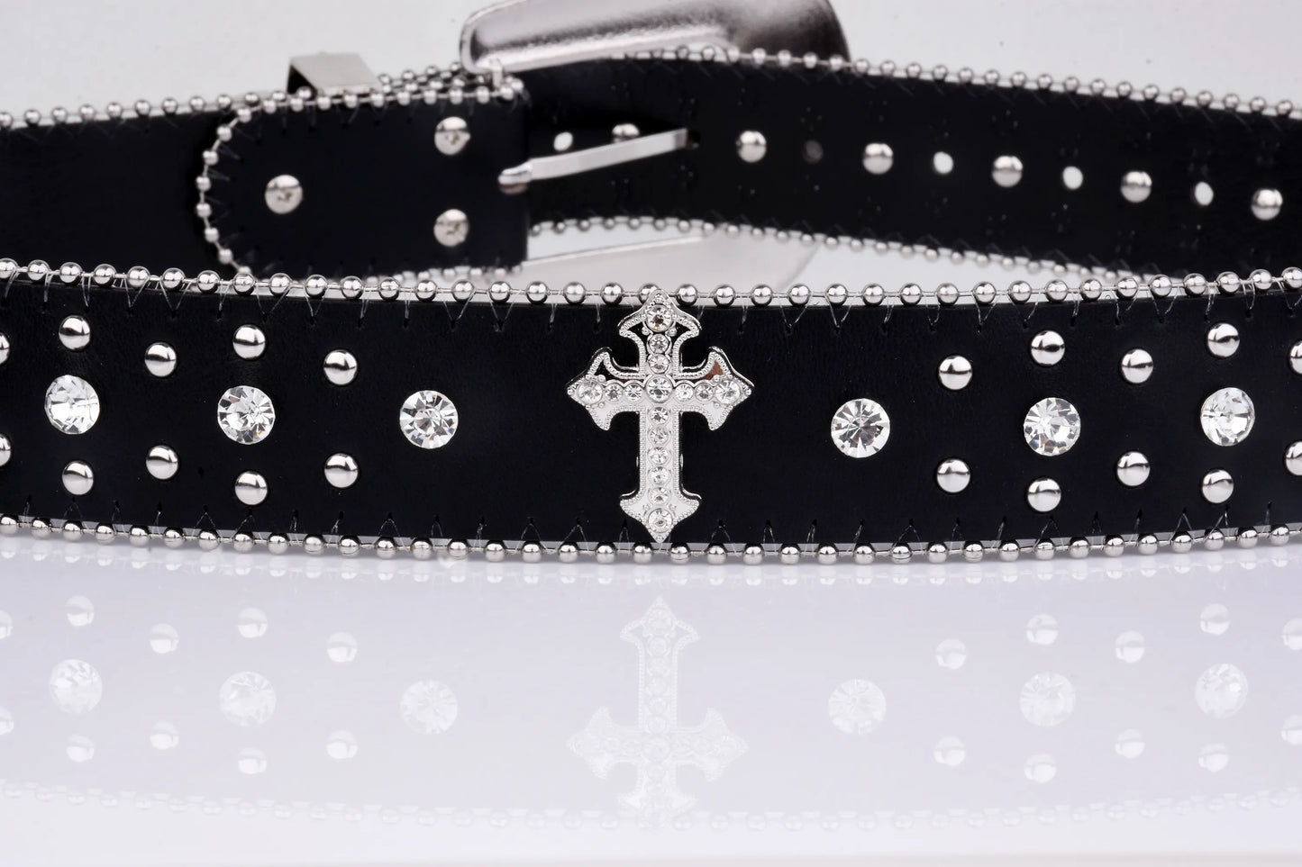 Black Rhinestone Buckle Cross Engraved Belt