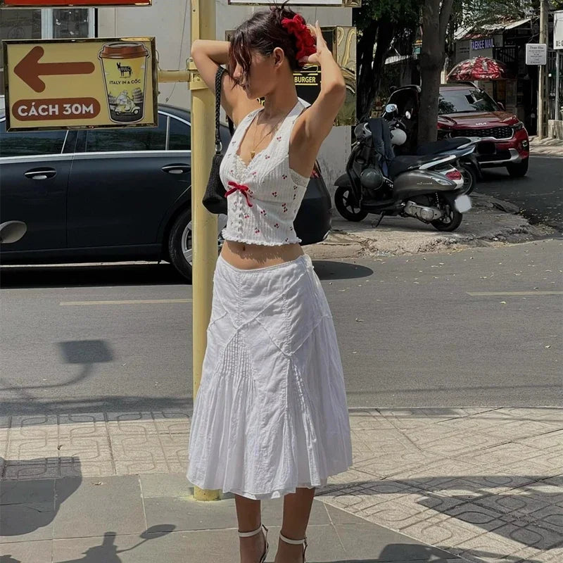 White Cherry Print Halter Crop Top