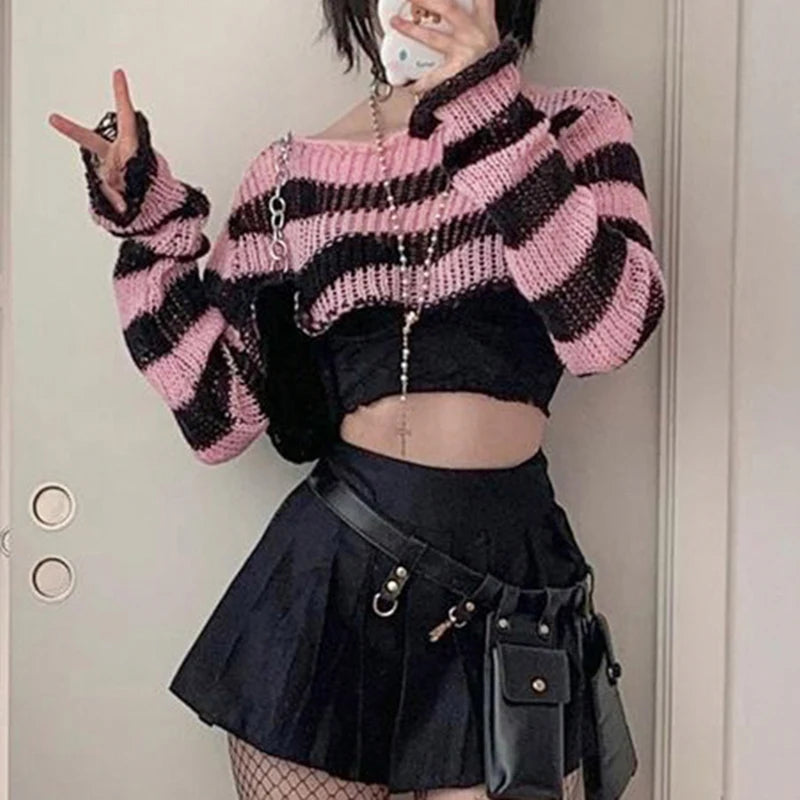 Pink Striped Cropped Sweater