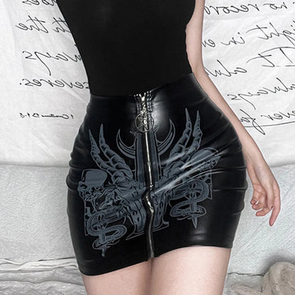 Gothic Zip Up Faux Leather Mini Skirt with Design