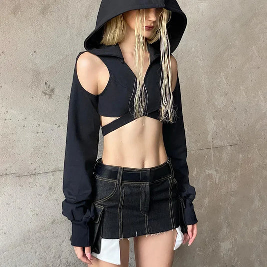 Black Hooded Long Sleeve Cut Out Crop Top