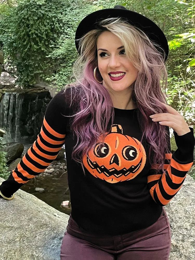 Black Halloween Gothic Pumpkin Knitted Sweater