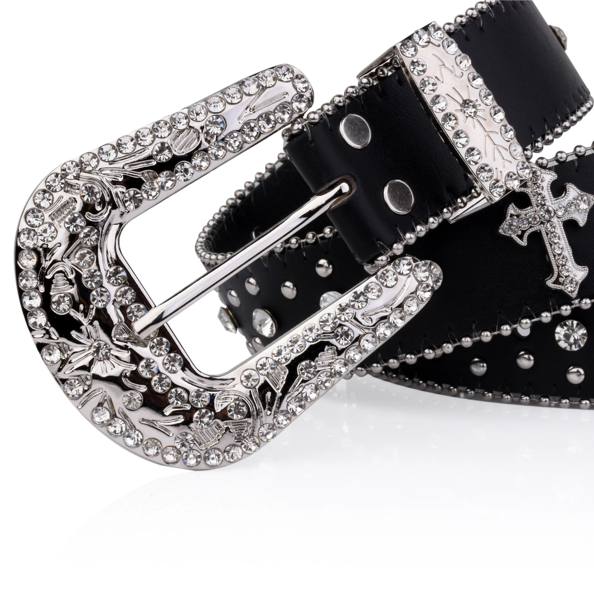 Black Rhinestone Buckle Cross Engraved Belt