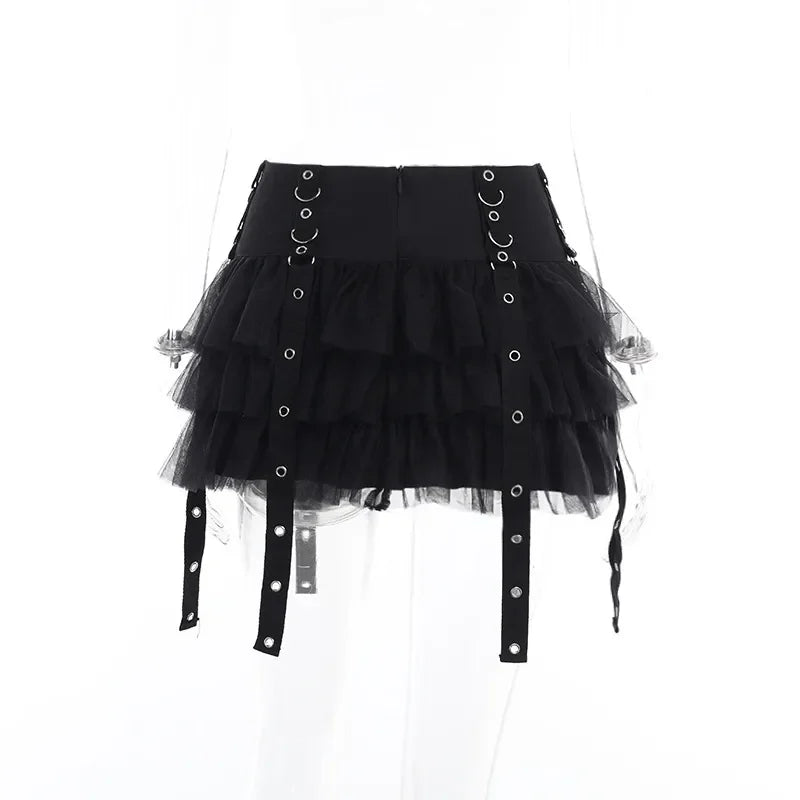 Black Mesh Eyelet Ribbon Mini Skirt