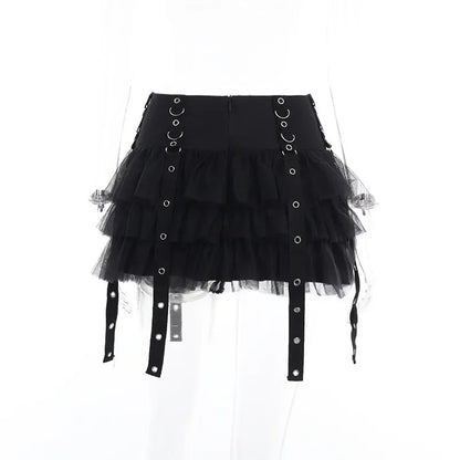 Black Mesh Eyelet Ribbon Mini Skirt