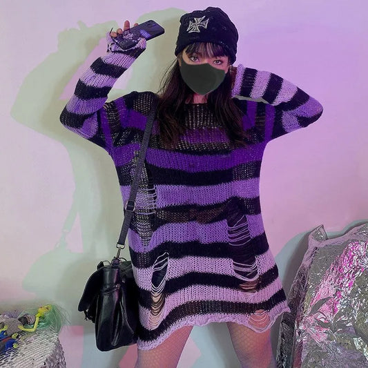 Striped Gothic Pullover Ripped Sweaters