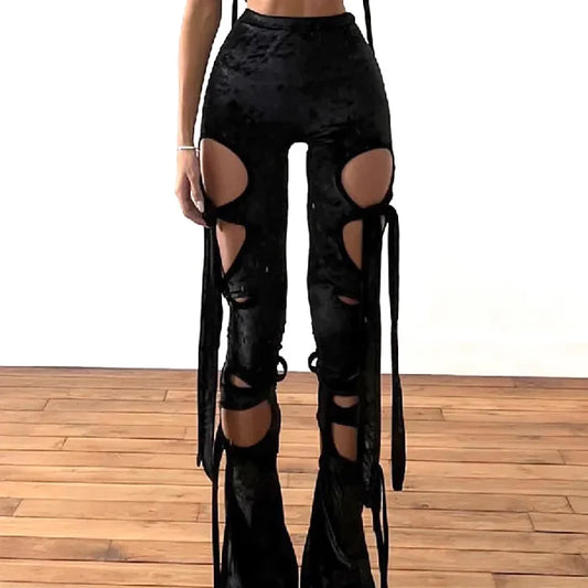 Black Hollow Out High Waist Bandage Pants