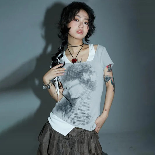 Two-piece Vintage Patchwork Short Sleeve T-Shirt