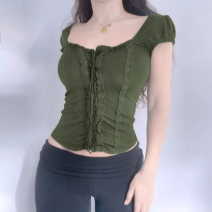 Olive Green Square Neck Lace Up Top