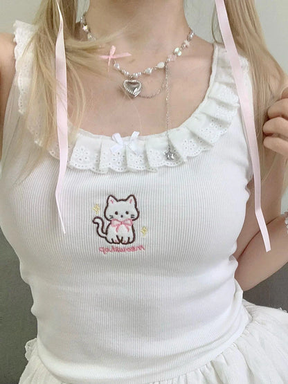 Ruffle Cat Embroidery Tank Tops